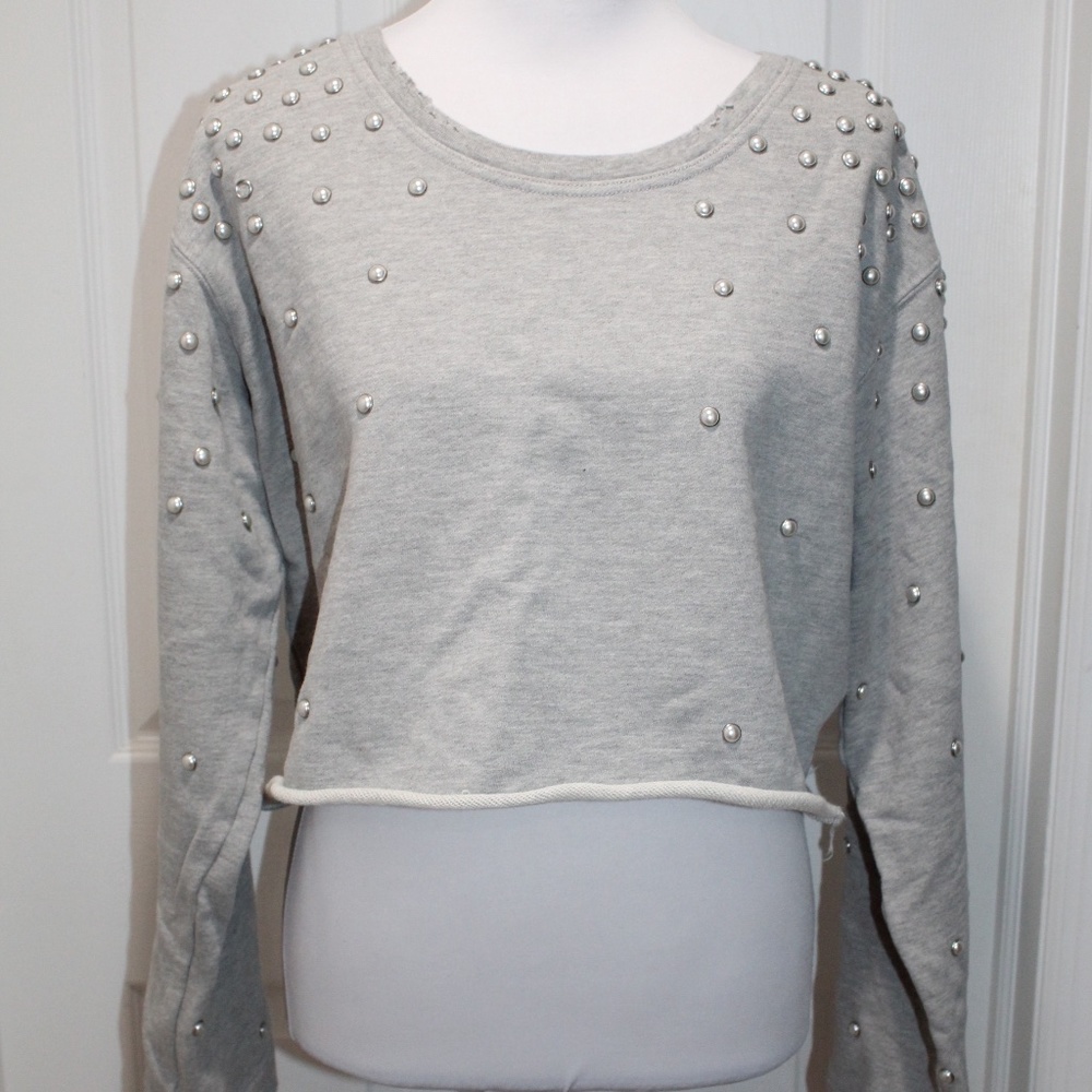 RtA Owen Distressed Crop Sweatshirt Grey Sweater Pearl Studded Relaxed Terry M